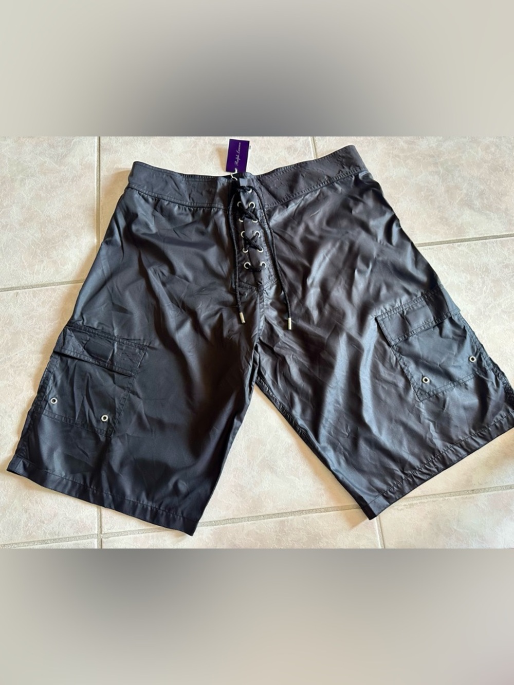 Ralph Lauren Purple Label Black Swim Shorts / Two Velcro Pockets . Lace Up
